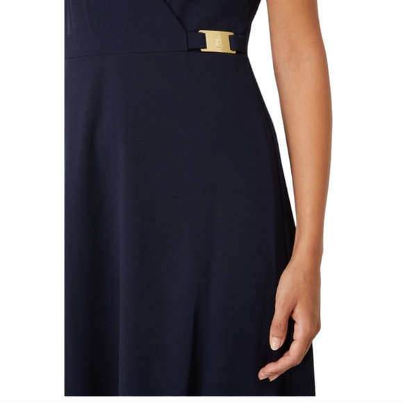 Ralph Lauren Navy Fit and Flare Halter V-neck Midi Dres Gold Signature Buckle - Picture 4 of 8